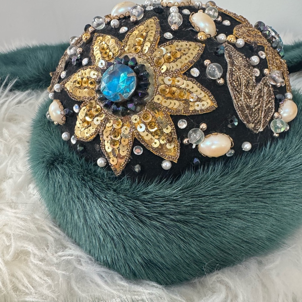 Tailor Vintage Black with Green Faux Fur and Gold Embellished Hat with scarf